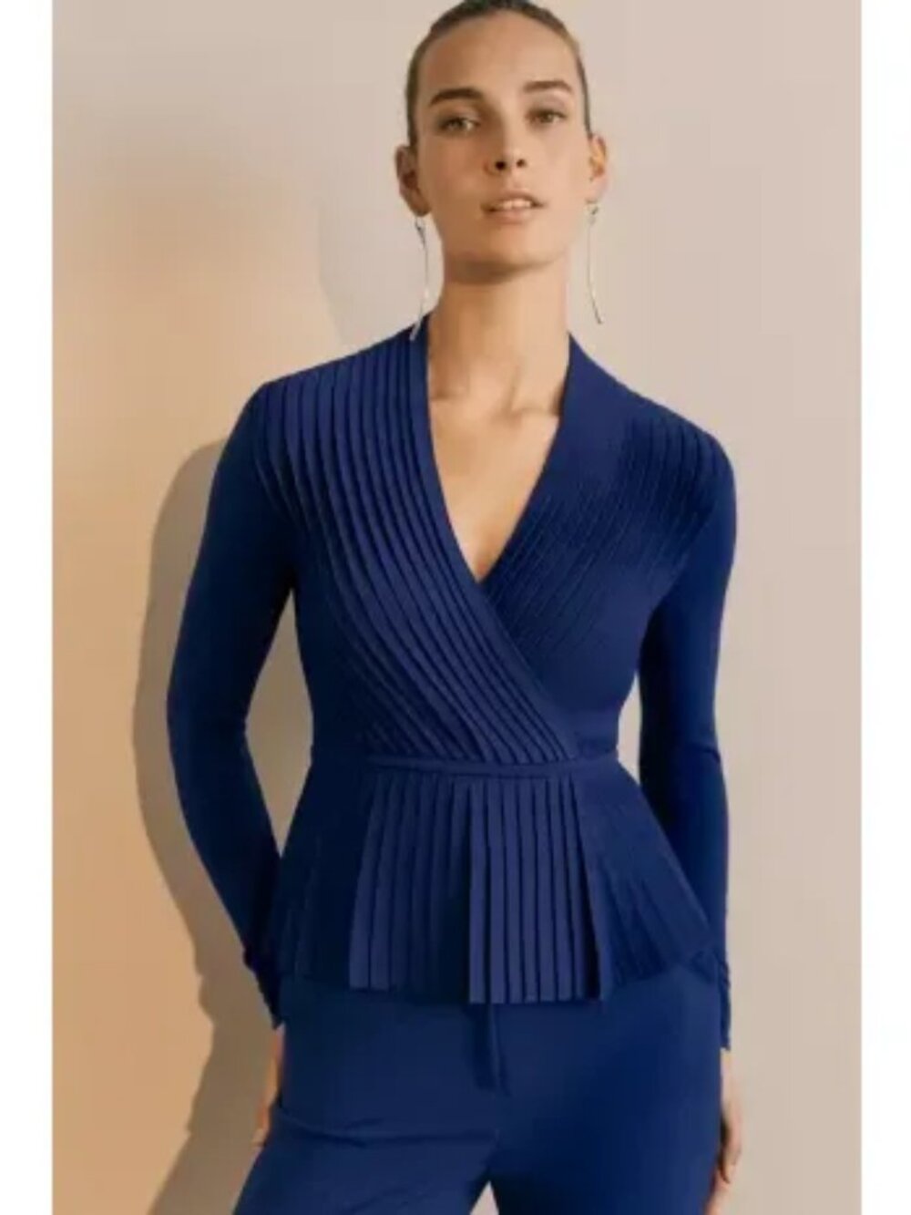 The Fold London Minori Pleated Sweater Top Blue Black L NWT